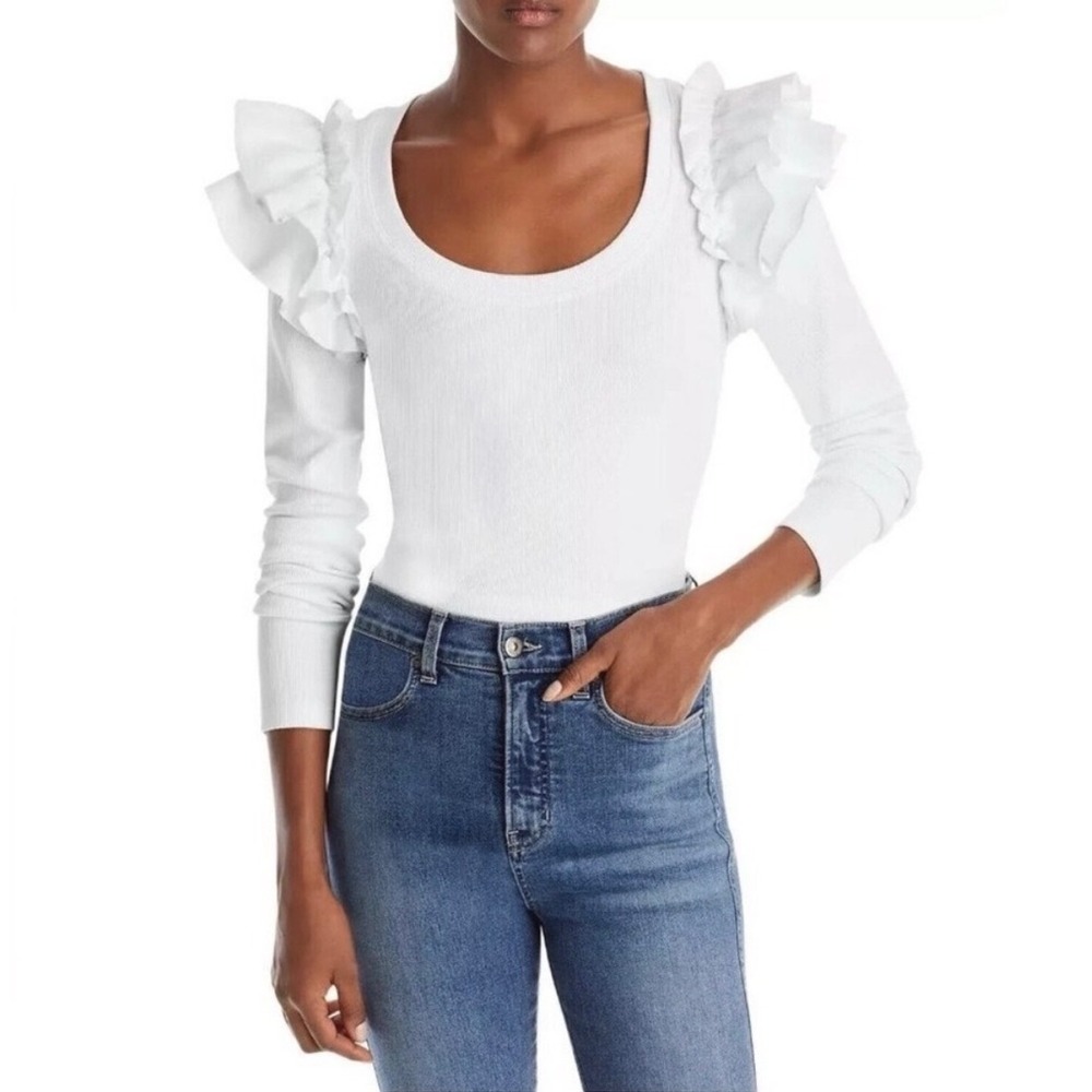 Veronica Beard Jeans White Ruffle Shoulder Ribbed Pima Cotton Top XS